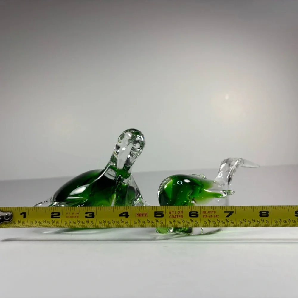 Green Glass Animal Figurines turtle dolphin,‎ vintage paperweight set of 2